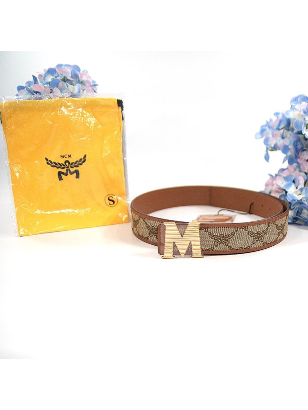 MCM Claus Cognac Calf Leather Lauretos Logo Gold Plated Buckle Belt NWT